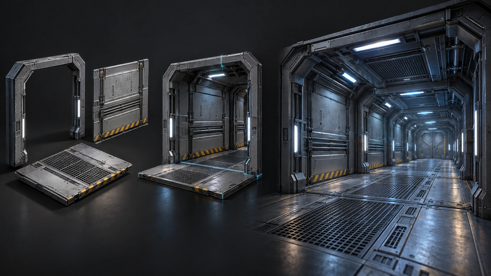 Illustrated matching arch, wall and floor assembled into a modular bay and repeated corridor