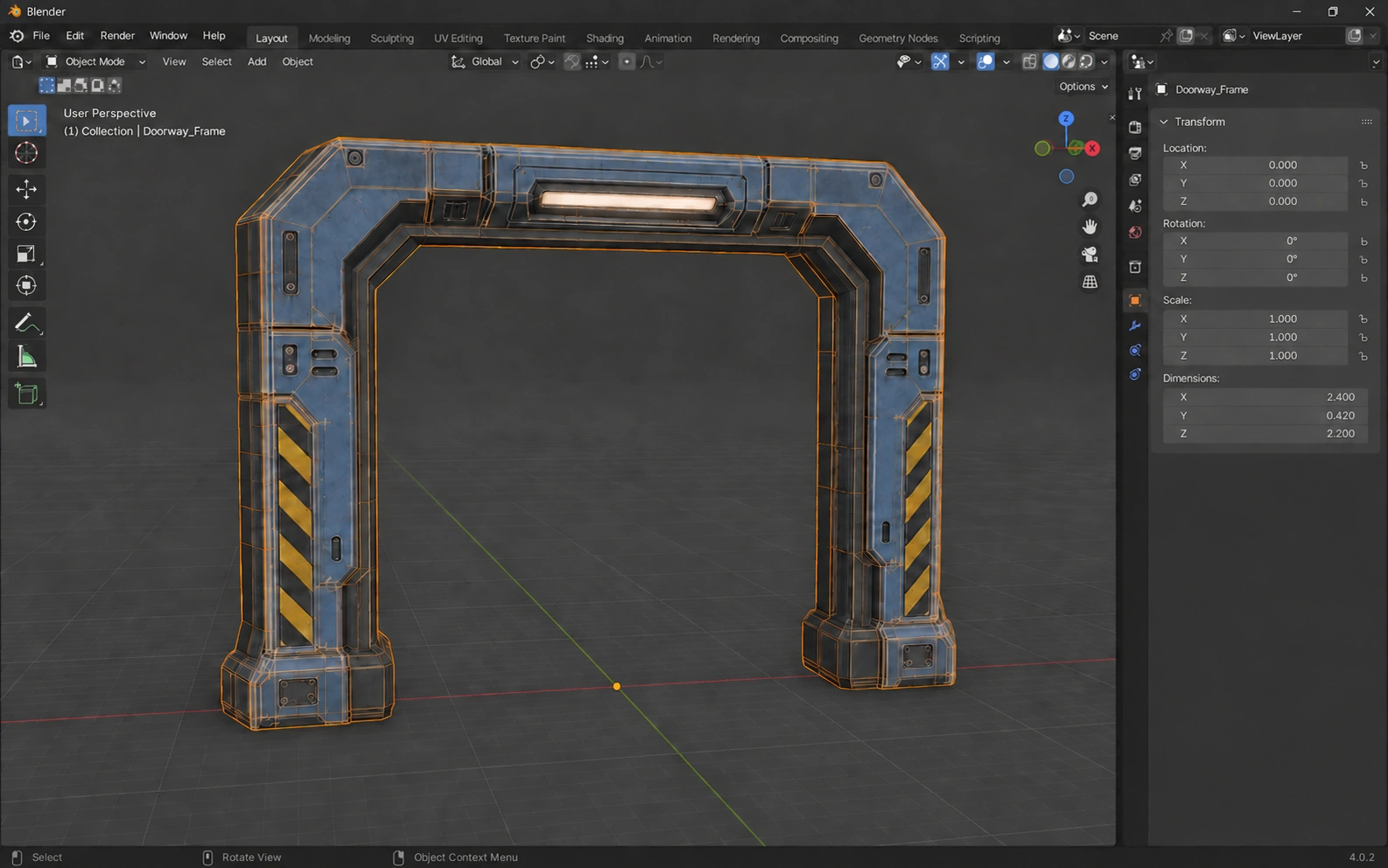 Illustrated Blender doorway source with selected geometry and native transform fields