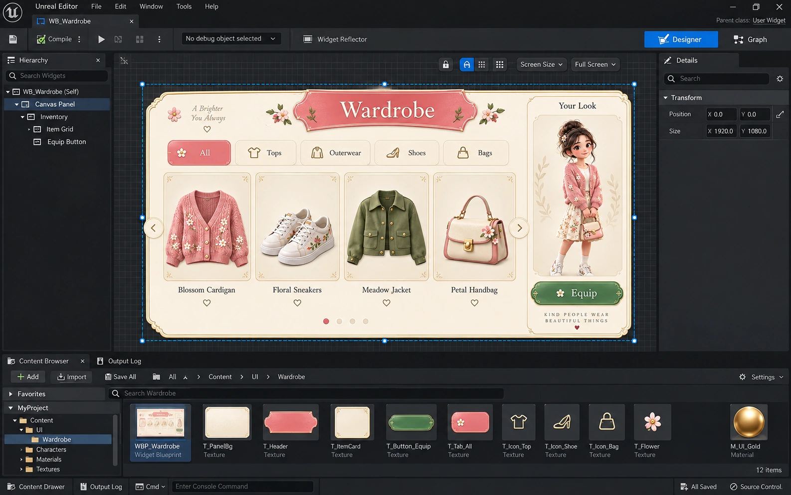 Illustrated editable wardrobe interface with native widget hierarchy and individual textures