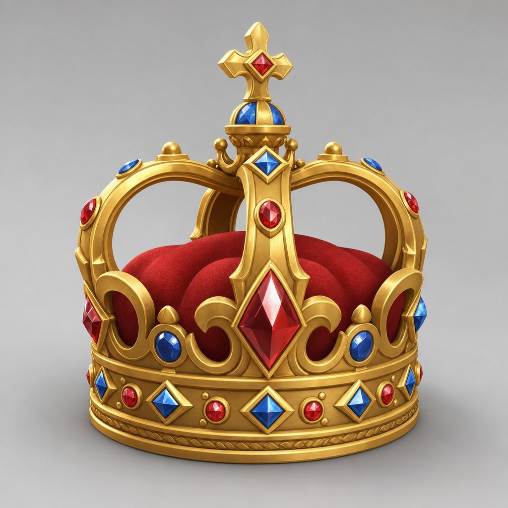 High definition AI concept art of an ornate gold crown with red velvet and jewels