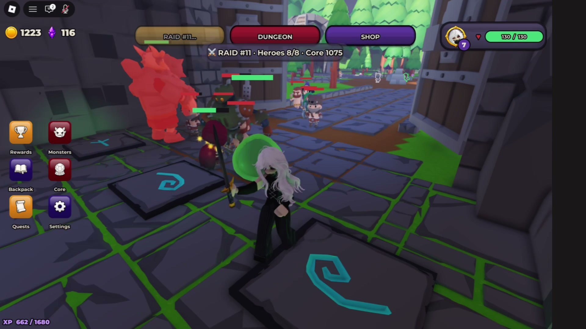 Live Dungeon Overlord gameplay showing a raid defense with heroes, health bars, economy HUD, shop and quest buttons