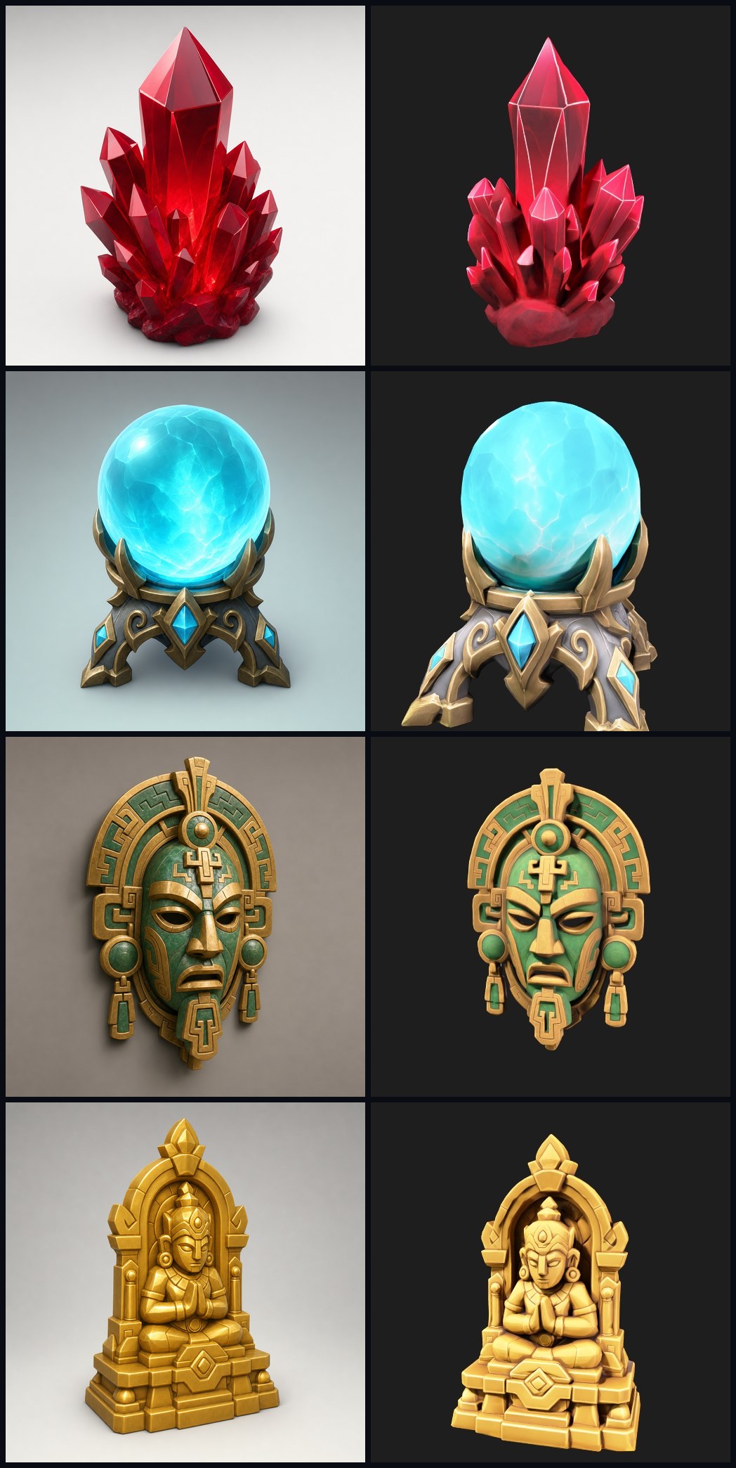 Grid comparing AI concept art with the final game-ready 3D meshes for four relic props