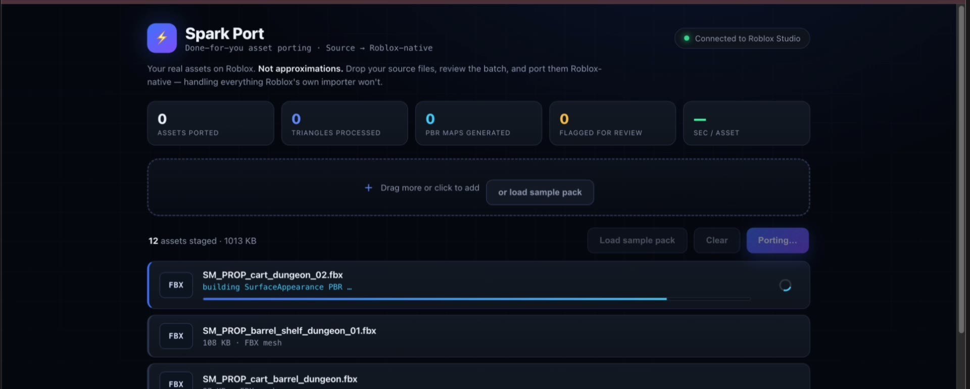 Spark Port dashboard mid-run showing staged FBX assets, PBR map generation and live connection to Roblox Studio