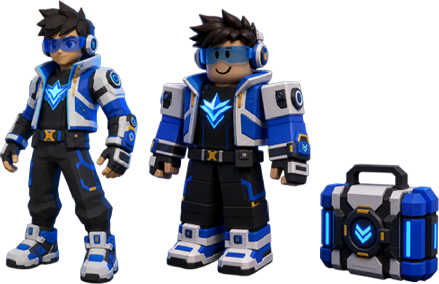 The same asset rebuilt Roblox-native: two avatar styles and a low-poly crate