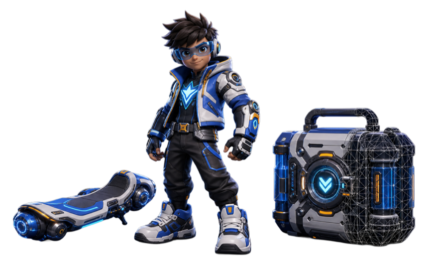 A high-fidelity source asset: character, hoverboard, and crate
